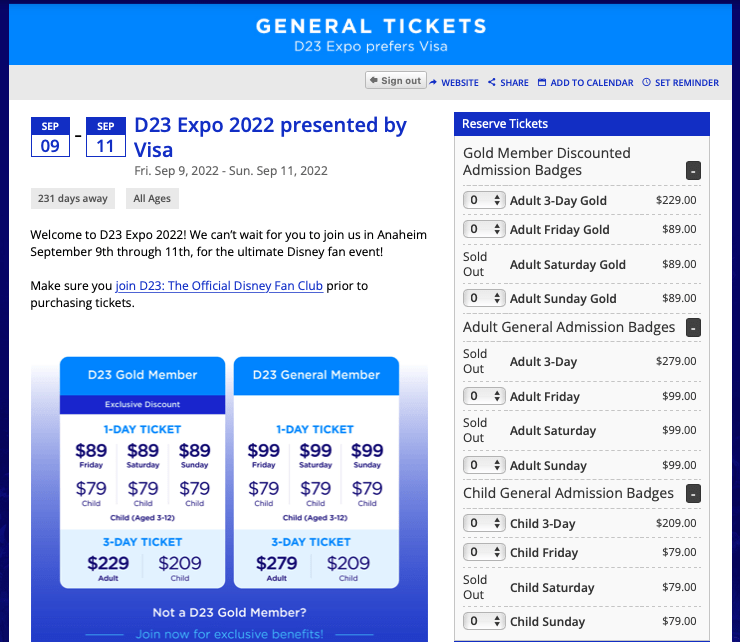 D23 Expo presale tickets for D23 Members begin to sell out within