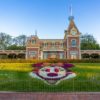 Minnie Mouse floral display graces the front of the Disneyland Train Station